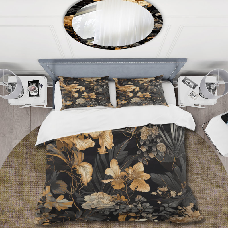 Ensemble de housse de couette feuilles or tropicales Serenade I - feuilles - microfibre de polyester