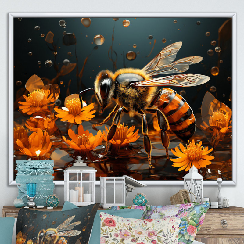 «Bee Buzzing Life», impression géométrique sur toile, Cadre photo blanc, H 16 po x l 32 po x P 1 po