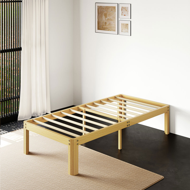 Deana 14'' Metal Bed Frame with  Wood Pattern, No Box Spring Needed, Heavy Duty Steel Slats Platform Mattress Base, Twin