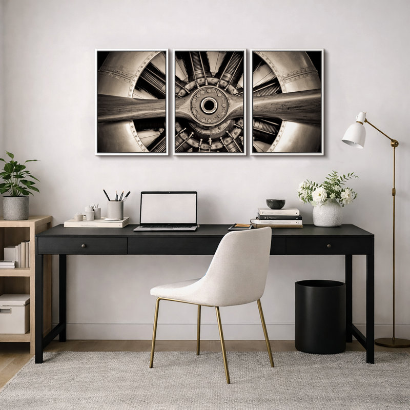 Gros plan d'un avion à hélice rétro - ensemble de 3 reproductions de photos sur toiles tendues, H 36 po x l 72 po