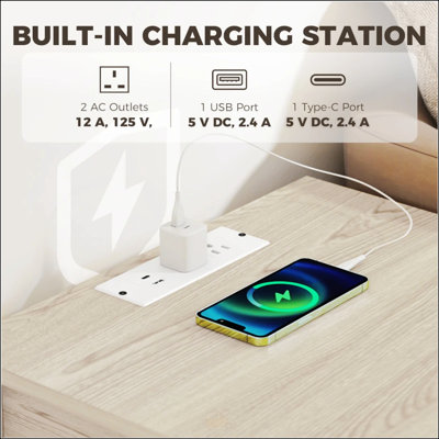 Ensemble de 2 tables de chevet avec poste de recharge, tiroir et tablette ouverte pour un confort et un rangement modernes