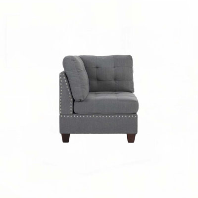 Living Room Furniture Tufted Corner Wedge Grey Linen Like Fabric 1pc Cushion Nail heads Wedge Sofa Wooden Legs