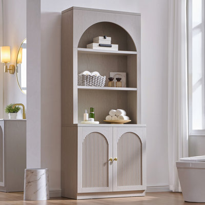 Grande armoire de rangement autoportante moderne de 77 po avec tablettes réglables et tablettes ouvertes pour salle de bain, salon, salle à manger Aahaan