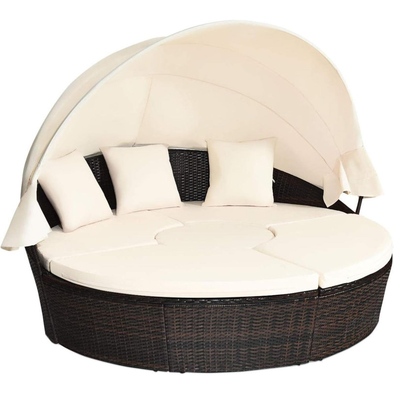 Rozi 69.5'' Wide Round Wicker Patio Daybed with Cushions, Beige