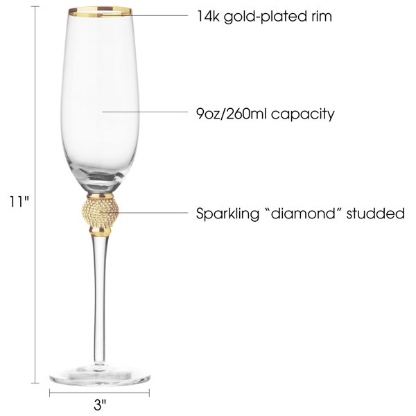 Matte Black & Gold Plated Design 8 oz Stemmed Champagne Flute Glasses, Set  of 6