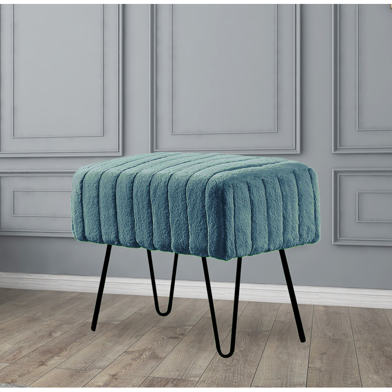 Defranco Upholstered Ottoman, Dark Teal Faux Fur