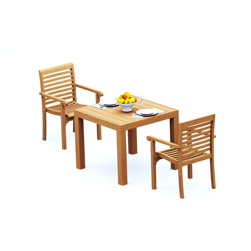 2 Seats 3 Pcs Grade-A Teak Wood Dining Set: 36" Square Table And 2 Hari Stacking Arm Chairs #11HR0802, 2