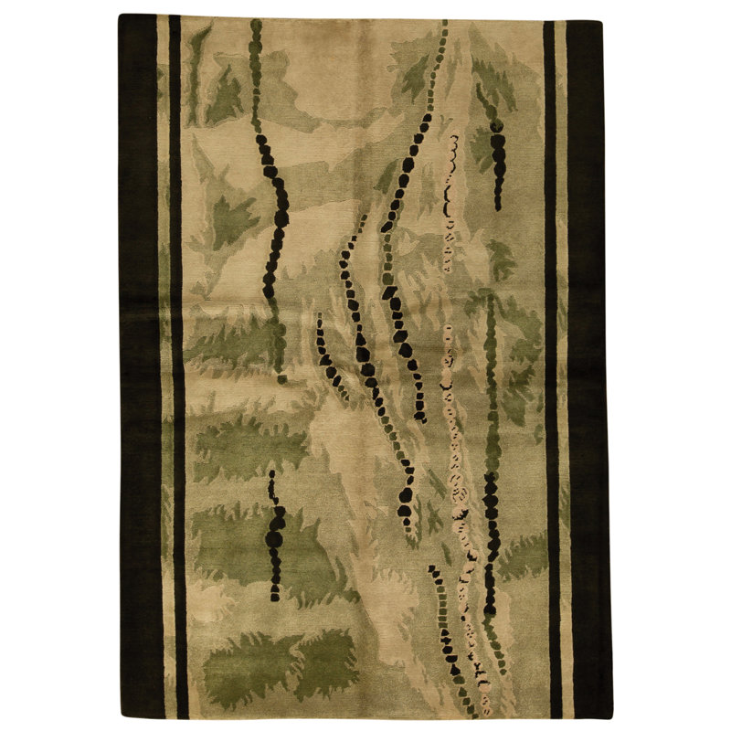 Hand Knotted Wool Area Rug in Light Green And Black