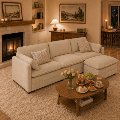 Canapé Cloud 3 places en velours côtelé de 110 pouces, canapé moderne rembourré à compression avec accoudoirs carrés et pouf amovible.