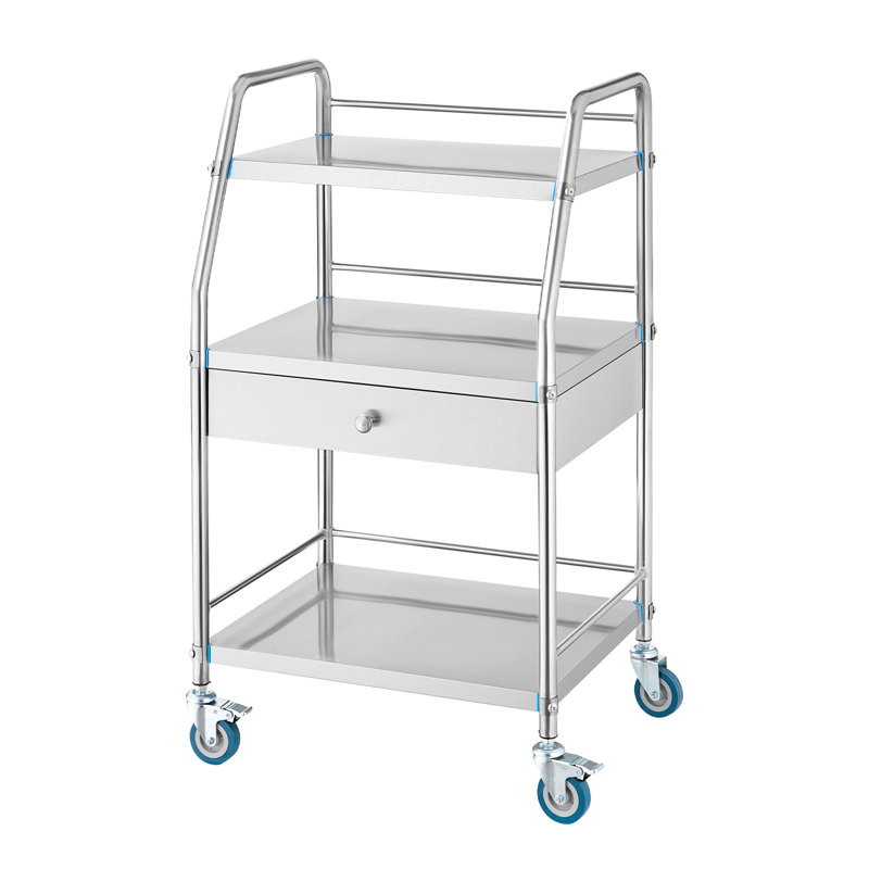 Silver Stainless Steel 3-Tier Mobile Lab Cart with Drawer