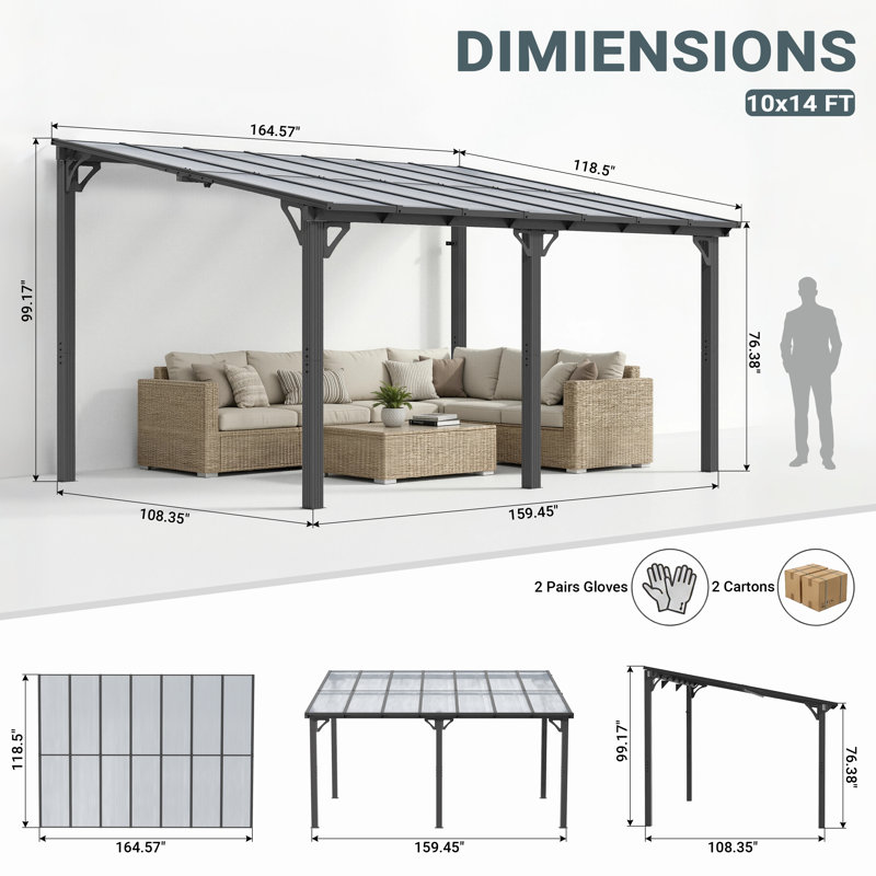 Pergola murale en aluminium, pavillon moderne à toit rigide avec toit en polycarbonate protégé contre les rayons UV, 14 x 10