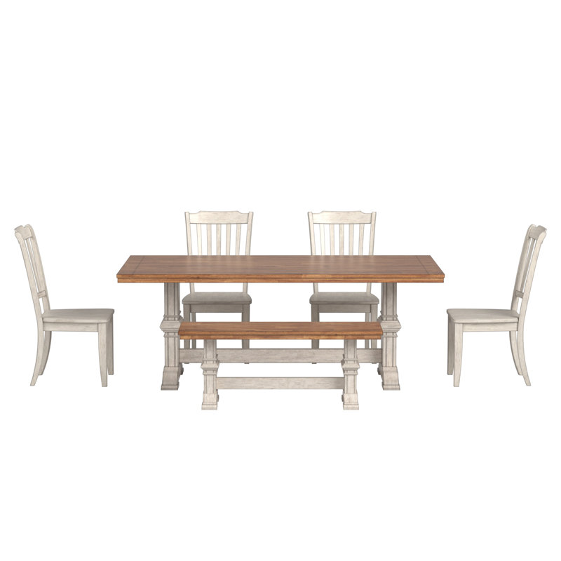 Ensemble de salle à manger Sloan 78 po en bois massif fini chêne avec chaises à dossier à fuseaux - 6 pièces, table, chaises et banc à piètement blanc antique