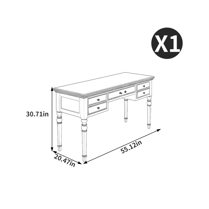 Bureau American Style Vintage, Brun noisette, H 30,71 po x l 55,12 po x P 20,47 po 