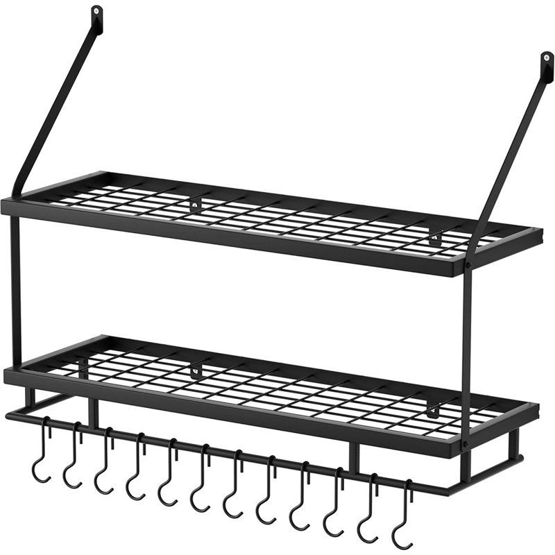 Support à casseroles de cuisine mural à 2 niveaux - Tablette de rangement suspendue noir mat avec garde-corps pour casseroles et poêles