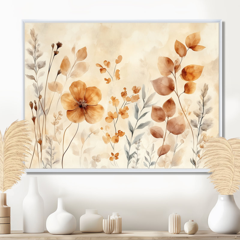 «Earth Tone Dried Botanicals I - Orange Nature», art mural encadré, H 12 po x l 20 po, Cadre flottant blanc