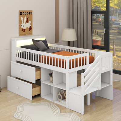 Twin Size Loft Bed With LED And Bookshelf, Wood Low Loft Bed With Stairs, Kids Twin Loft Bed With Shelves And Storage Drawers