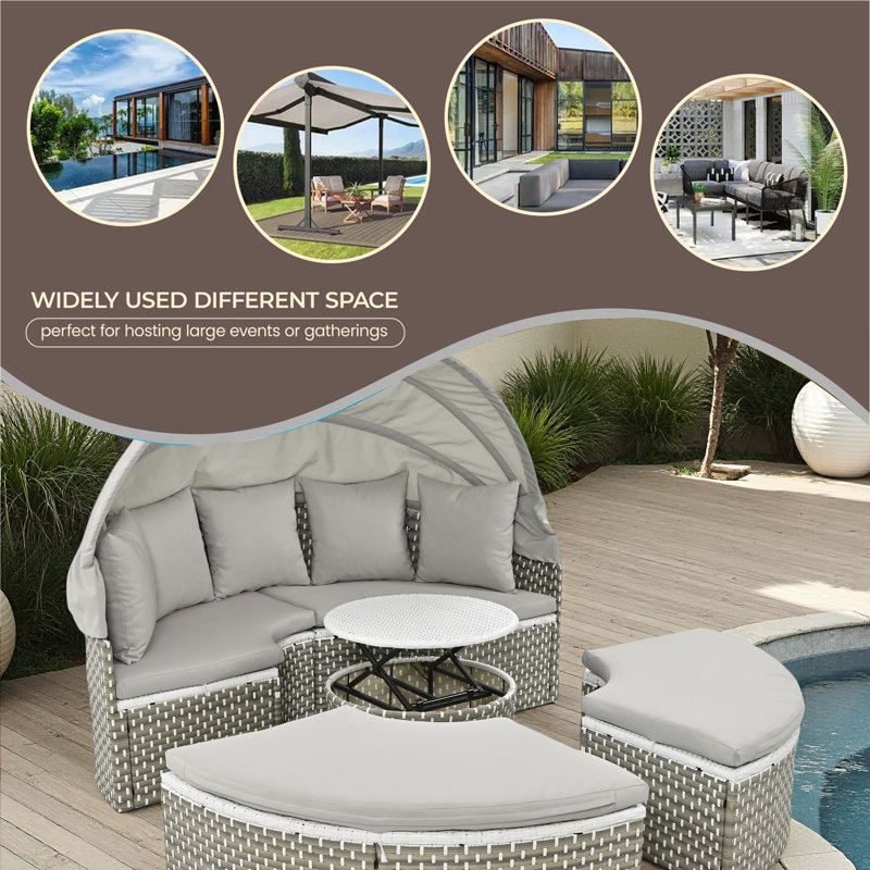 Patio Furniture Round Outdoor Sectional Sofa Set Rattan Daybed Two-Tone Weave Sunbed With Retractable Canopy, Separate Seating And Removable Cushion