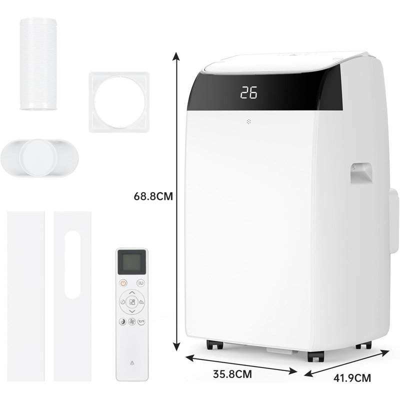 12000 BTU 4-in-1 Portable Air Conditioner – Cooling, Fan, Dehumidifier & Ventilation – Dual Digital Display, Quiet Sleep Mode, 24H Timer, Remote, Window Kit, Easy Installation – White