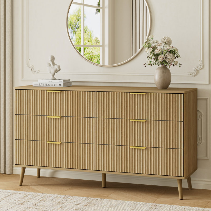 Fluted 6-Drawer Double Dresser For Bedroom, 55.1" Modern Chest Of Drawers With Deep Drawers, Curved Profile Design, Wood Drawer Organizer For Living Room, Hallway, Nursery, Hallway Closet