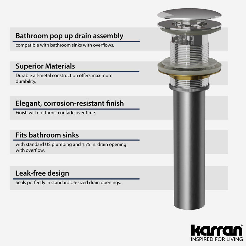 Karran Pop-up Bathroom Sink Drain With Overflow, Chrome