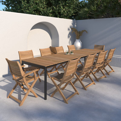 Carliegh 11 Piece Deluxe Ruman Rectangular Extedable Dining Set | 100% FSC Certified Teak Wood | Ideal Furniture Set For Outdoors