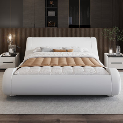 Low Profile Sleigh Bed With Faux Leather Ergonomics Headboard