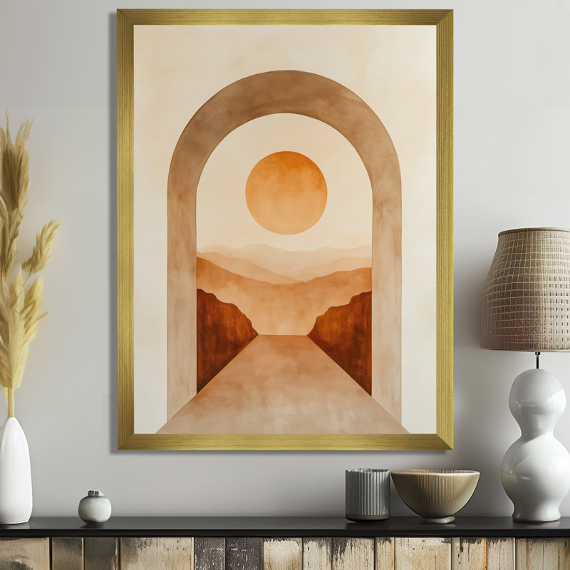 Arche décorative dessert coucher de soleil orange et brun - Tableau encadré désertique, H 20 po x l 12 po, Encadrement doré
