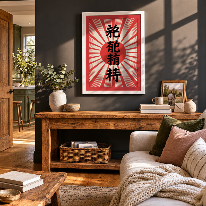 Rising Sun Calligraphy Japandi - Framed Print, A3 - 42.0 x 29.7 cm, White