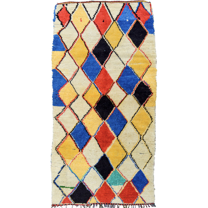 Tapis unique brun clair / orange / bleu / rouge de 3 pi x 6 pi des années 1980