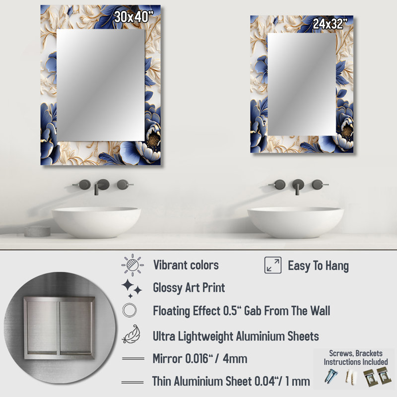 Motif victorien Altrud Cobalt Cameo Delight - grand miroir mural floral, miroir décoratif floral, impression d'art en métal
