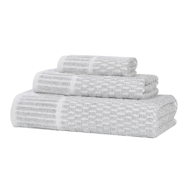 Juno Viscose Cotton Blend Medium Weight Textured Checkered Ribbed Border Towel Set, Platinum, 3 Piece Towel Set