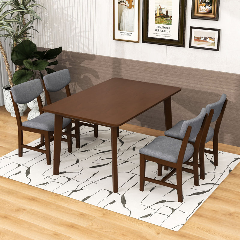 Ensemble de salle à manger rustique 5 pièces avec table en bois et 4 chaises rembourrées, Noyer, Noyer