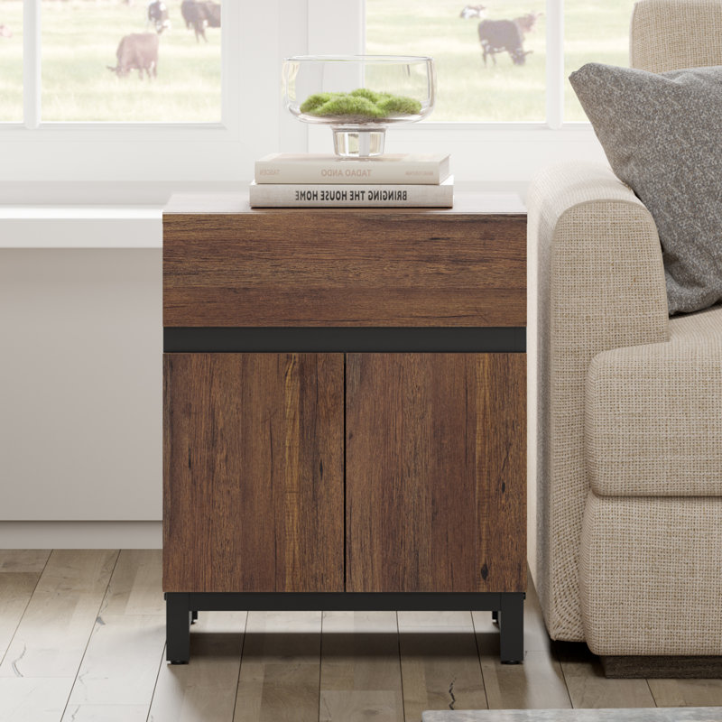 Nellie Modern End Table With 2 Drawers, Farmhouse Sofa Table With Black Square Leg, Wood Rustic Side End Table For Living Room, Nighstand For Bedroom, Oak