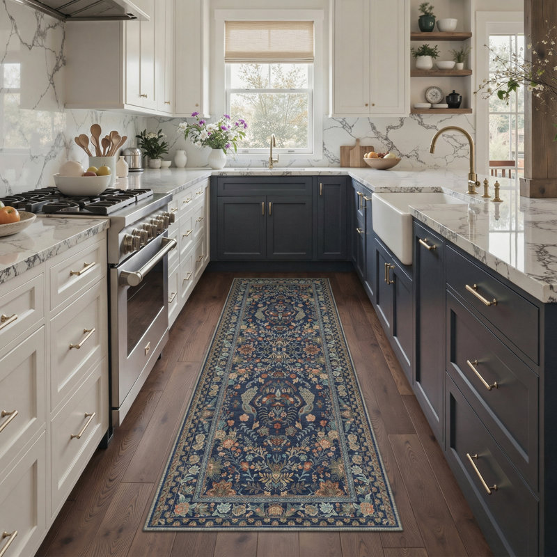 Allendale Aura Vintage Peacock Machine Washable Blue / Brown Indoor Area Rug with Non-Slip Backing, Runner 2' x 6'