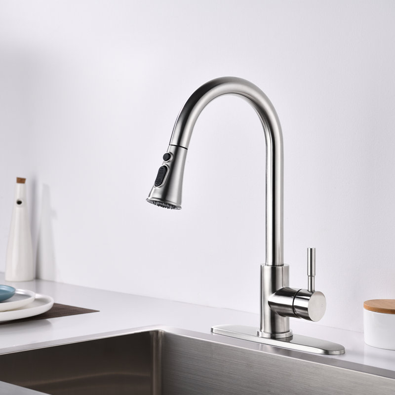 Robinet de cuisine rétractable à poignée simple avec distributeur de savon optionnel, Nickel brossé, Non