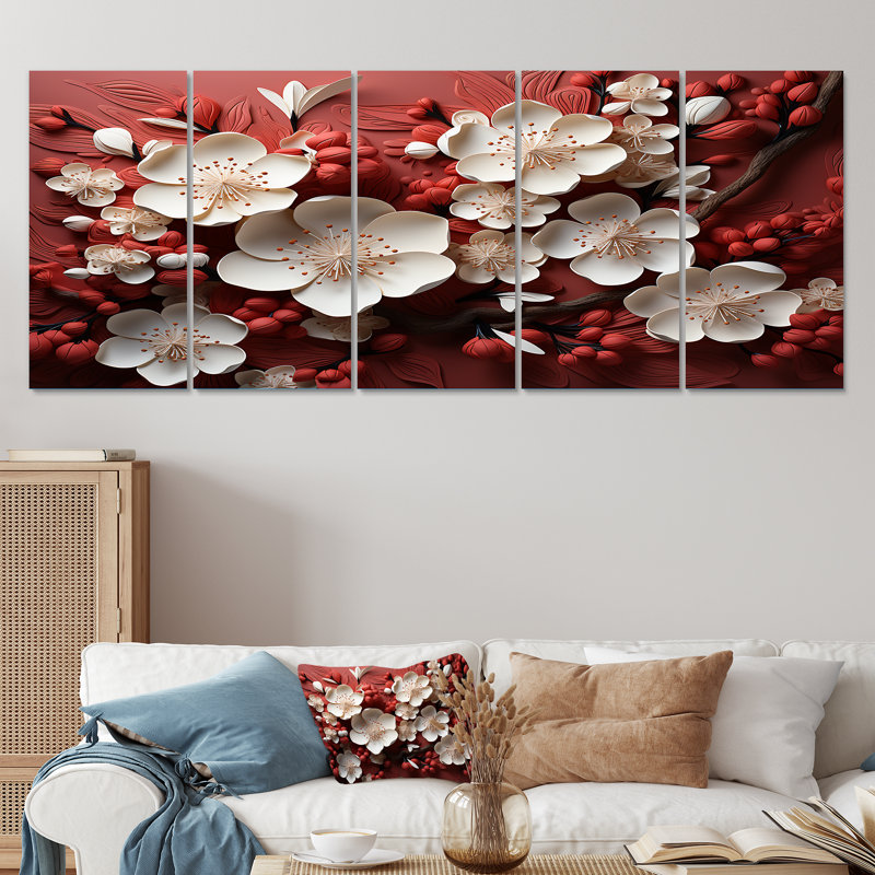 Ensemble de 5 décorations murales orchidées blanches et rouges IV - Floral Abstract, H 28 po x l 60 po