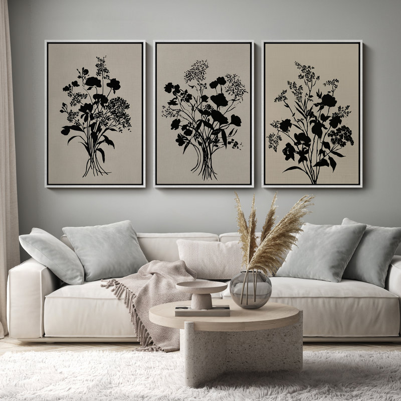 «Black Botanical Bouquet Silhouette Neutral Floral», art mural encadré 3 pièces, H 24 po x l 16 po, Blanc
