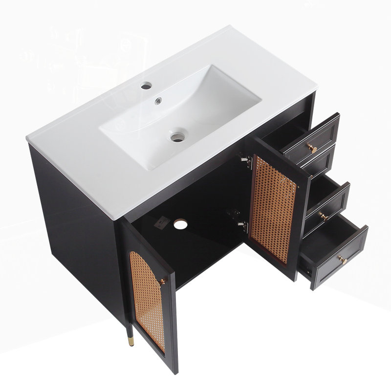 Meuble-lavabo de salle de bain avec lavabo en céramique avec deux portes et tiroir, Noir, noir, noir, noir