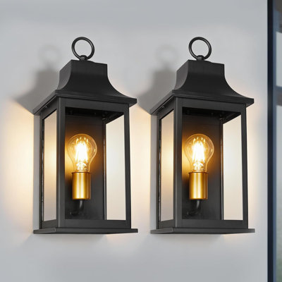 2PK 16" Outdoor Wall Lantern, Exterior Wall Sconce Lighting Fixture, Anti-Rust Aluminum & Clear Glass Outside Wall Lamp, E26 Socket Matte Black Exterior Wall Lights for Garage, Front Door, Patio