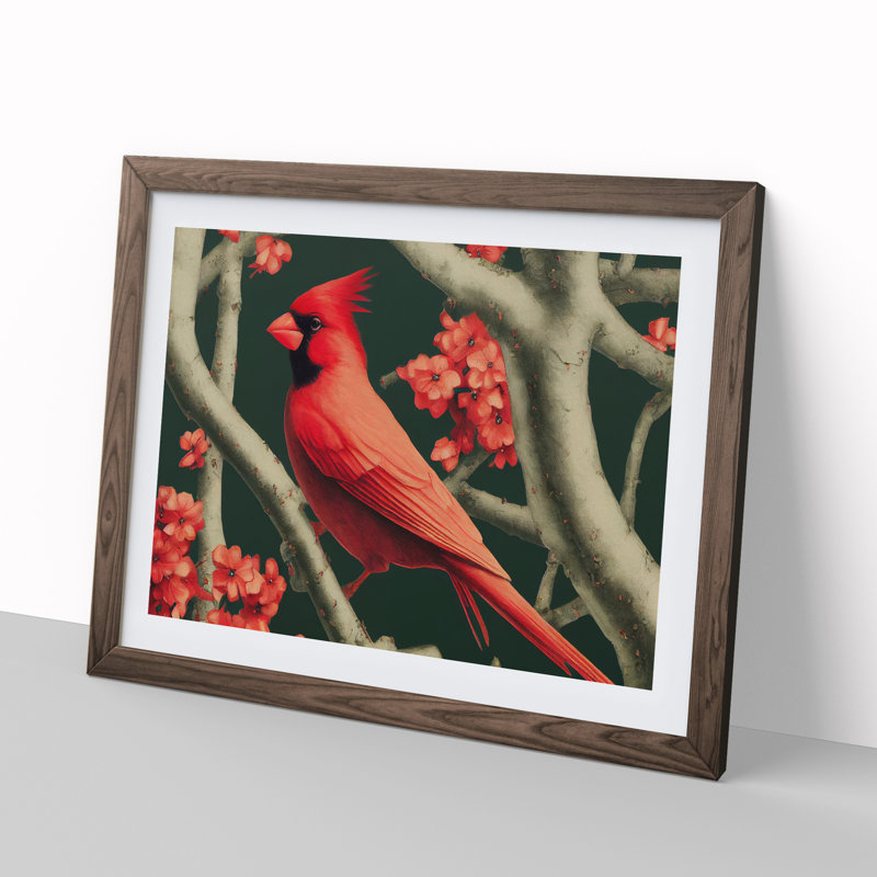 Cardinal Bird Vol.14 - Single Picture Frame Print, 25cm H x 34cm W x 2cm D, Walnut Framed
