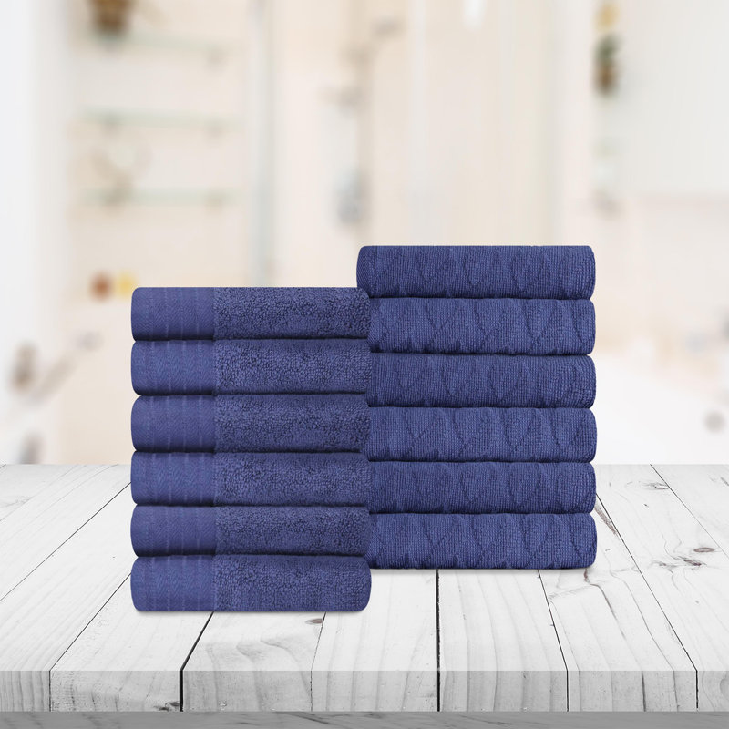 Dayeli Turkish Cotton  Jacquard and Solid Medium Weight Washcloth Towel Set (Set of 12), Navy Blue