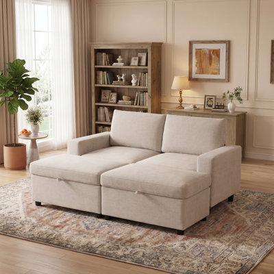 Chaise longue surdimensionnée en chenille de 157 cm avec rangement dissimulé, canapé-lit convertible deux places, canapé lounge de style nuage avec pouf, fauteuil de lecture profond pour adultes, canapé confortable pour le salon, beige