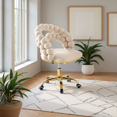 Ensemble de 1, fauteuil de loisir en velours avec chaîne à cinq billes et roulettes dorées, fauteuil d'appoint rembourré pour le salon et le bureau personnel