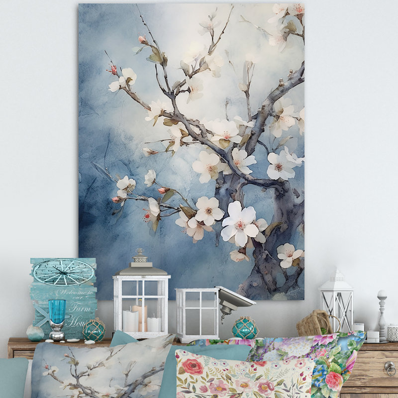 «Blue and Gray Cherry Blossoms Sapphire», reproduction d'art sur toile, Toile tendue, H 32 po x l 16 po x P 1 po