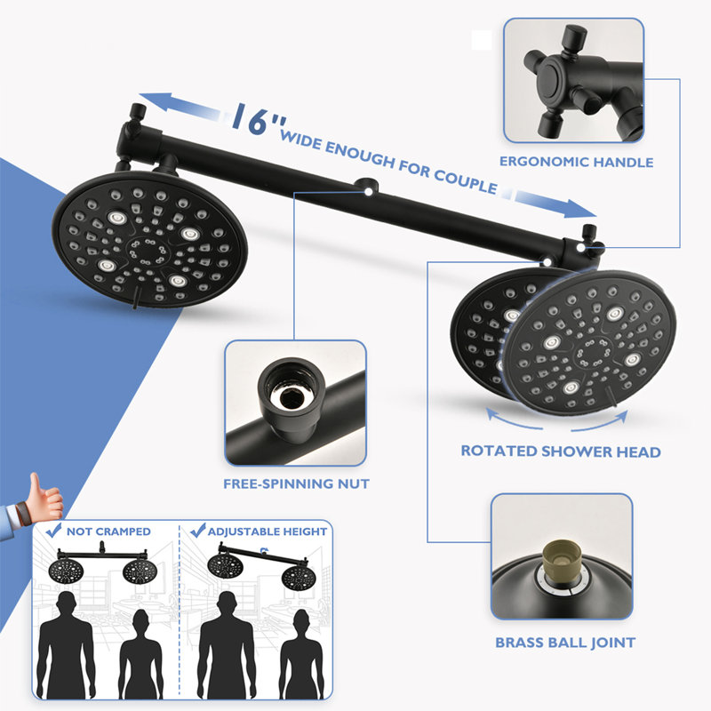  Double pomme de douche avec valve intégrée et bras de douche, Noir mat