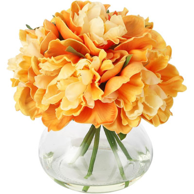 Orange Peonies Artificial Flowers with Glass Vase, Fake Flowers in Vase for Home Decor, Table Centerpieces, Bathroom Counter Deco
