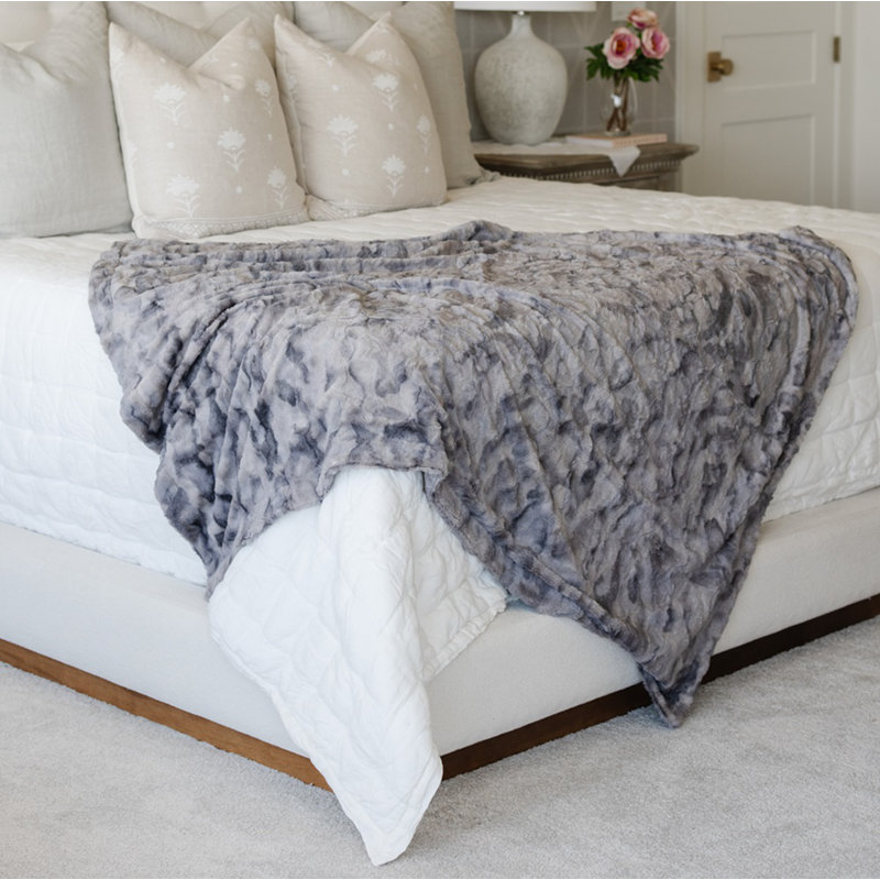 Queen Size Marbled Gray Faux Fur Reversible Throw Blanket