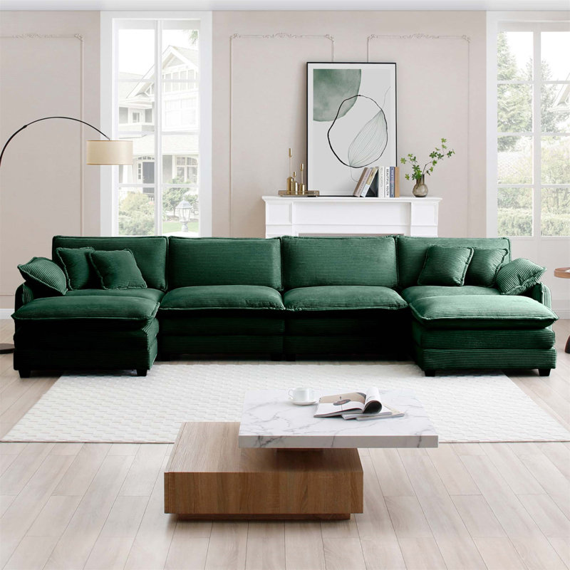Oversized Modular Cushioned Sofa With Conversible Ottoman, Green, 33.85" H x 150.38" W x 34.25" D