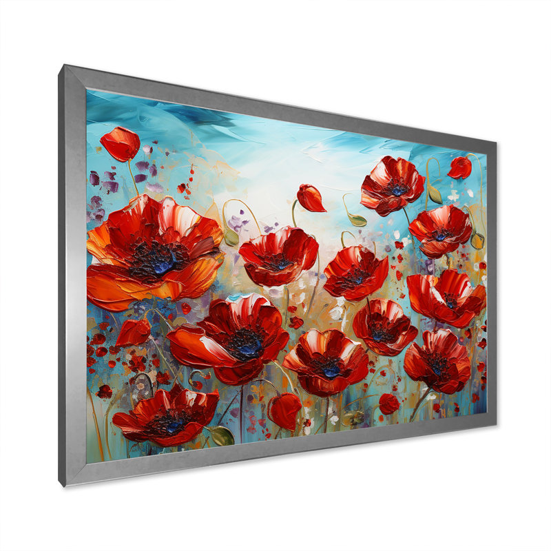 Coquelicots rouges en fleurs sur toile, Cadre simple argenté, H 34 po x l 44 po x P 1,5 po