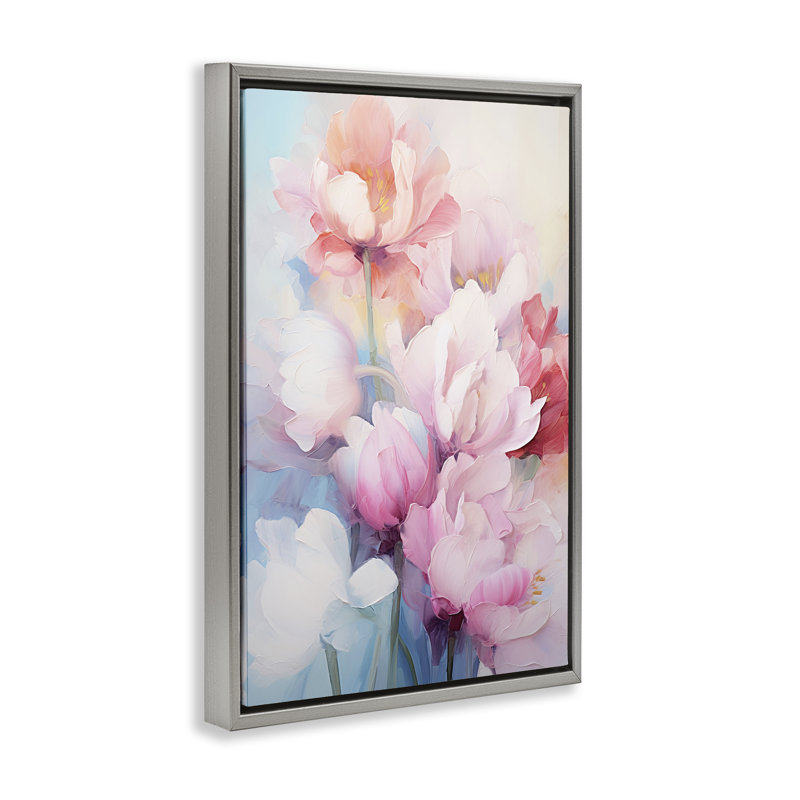 «Soft Tulip Blossoms» par Gina Kelly, H 25 po x l 17 po, Cadre flottant gris lustré